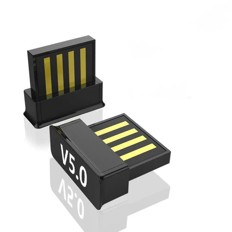 Mini Bluetooth 5.0 USB audio transmitter adapter in black, measuring 13mm by 14mm by 6mm