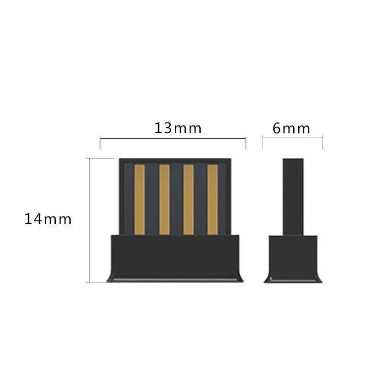Mini Bluetooth 5.0 USB audio transmitter adapter in black, measuring 13mm by 14mm by 6mm