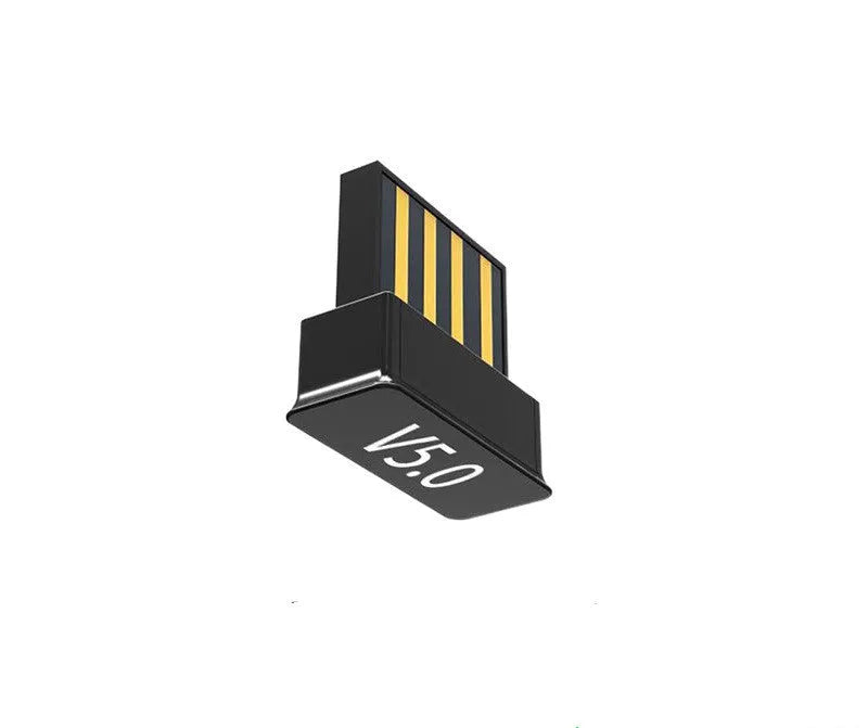 Mini Bluetooth 5.0 USB audio transmitter adapter in black, measuring 13mm by 14mm by 6mm