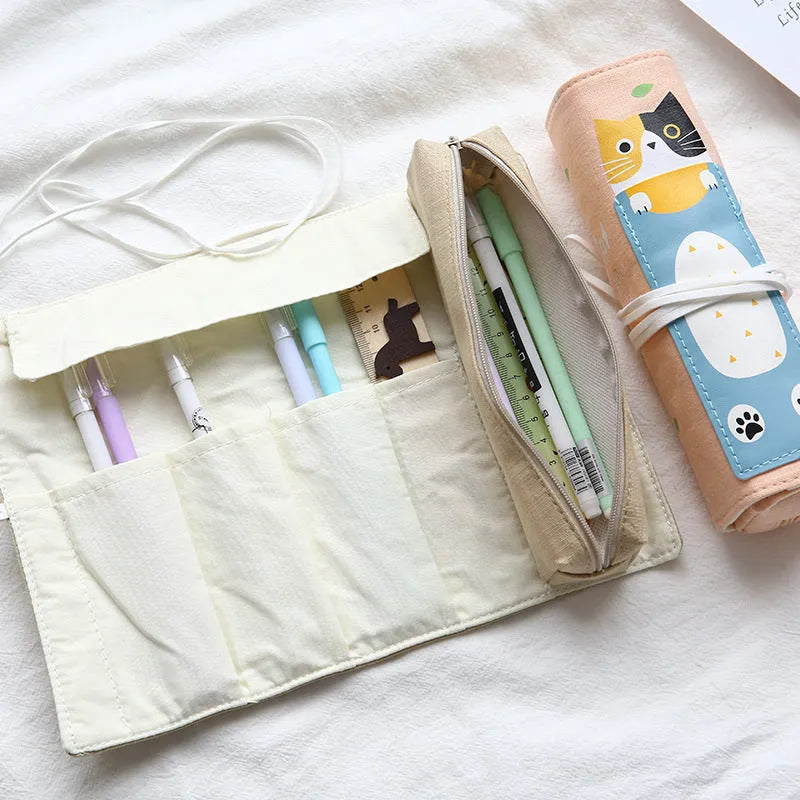 Korean cartoon cat rolling pencil case in blue, green, pink, or yellow with medium-soft construction