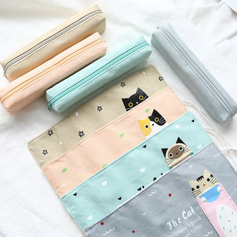 Korean cartoon cat rolling pencil case in blue, green, pink, or yellow with medium-soft construction