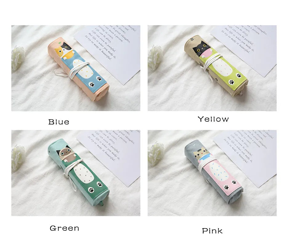 Korean cartoon cat rolling pencil case in blue, green, pink, or yellow with medium-soft construction