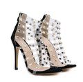 Roman style black transparent PVC high heel sandals with rivet hollow details and back zipper
