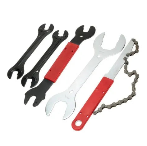 Red bicycle repair tool set in PE shell with carbon steel tools, 32.5x25x7cm size