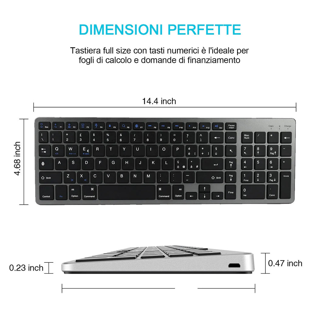 Universal Bluetooth keyboard with 104 keys in slim white design for iPad tablets and mobile phones