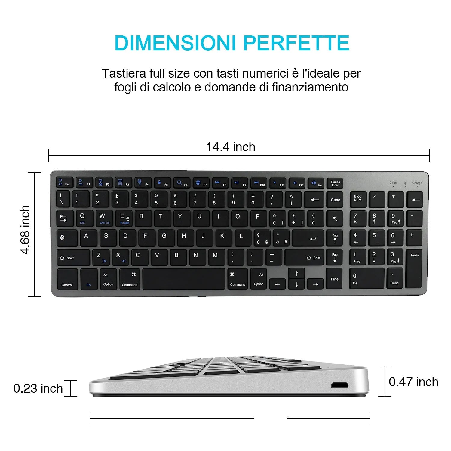 Universal Bluetooth keyboard with 104 keys in slim white design for iPad tablets and mobile phones