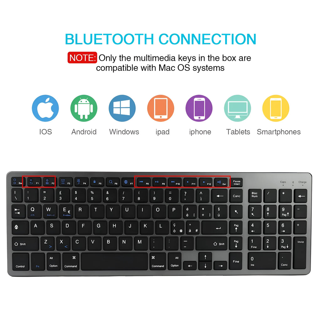 Universal Bluetooth keyboard with 104 keys in slim white design for iPad tablets and mobile phones