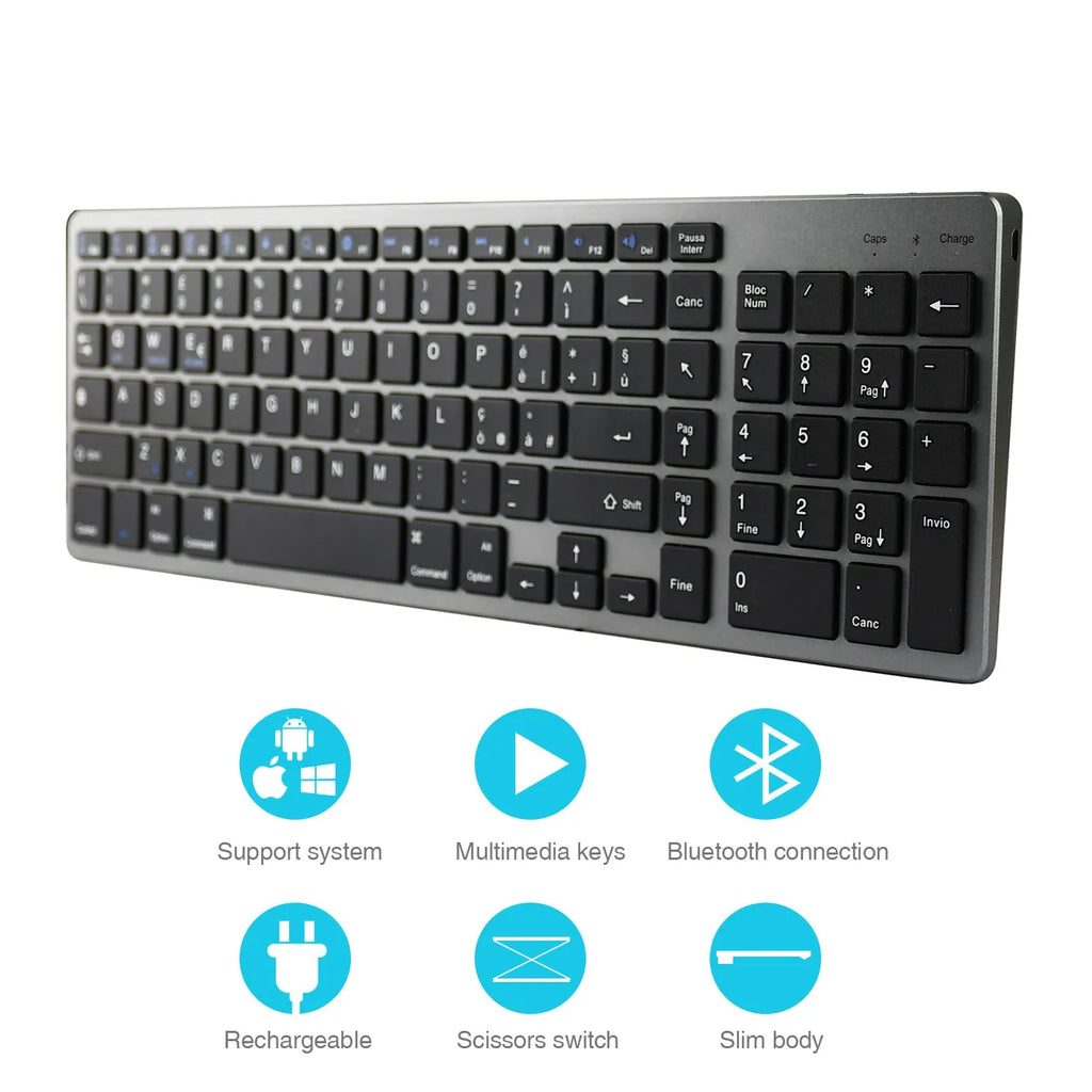 Universal Bluetooth keyboard with 104 keys in slim white design for iPad tablets and mobile phones