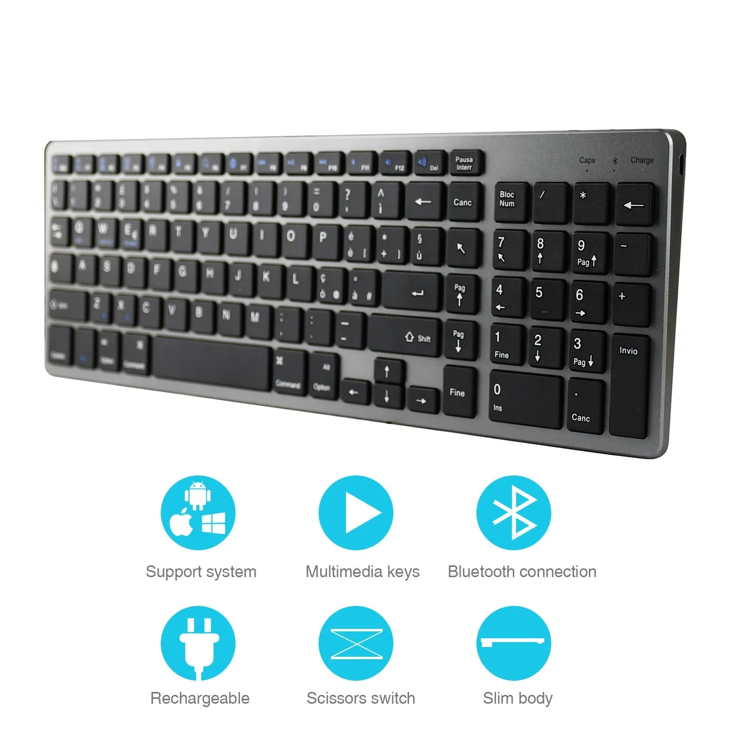 Universal Bluetooth keyboard with 104 keys in slim white design for iPad tablets and mobile phones