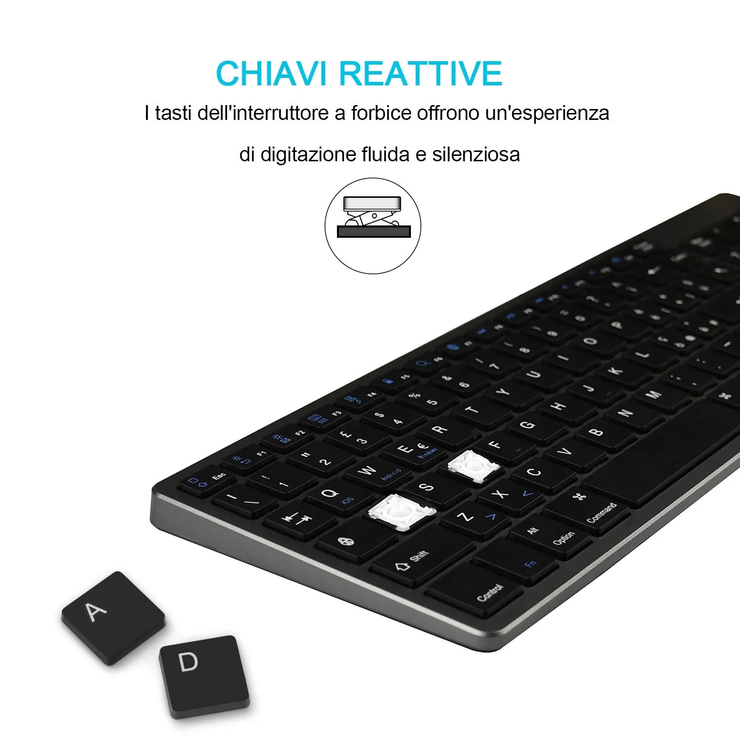 Universal Bluetooth keyboard with 104 keys in slim white design for iPad tablets and mobile phones