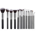 15-piece makeup brush set with wooden handles, corrugated silk nylon wool bristles, in black, brown, and pink colours, total length 22cm