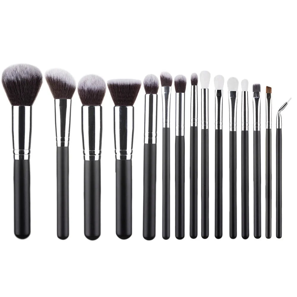15-piece makeup brush set with wooden handles, corrugated silk nylon wool bristles, in black, brown, and pink colours, total length 22cm
