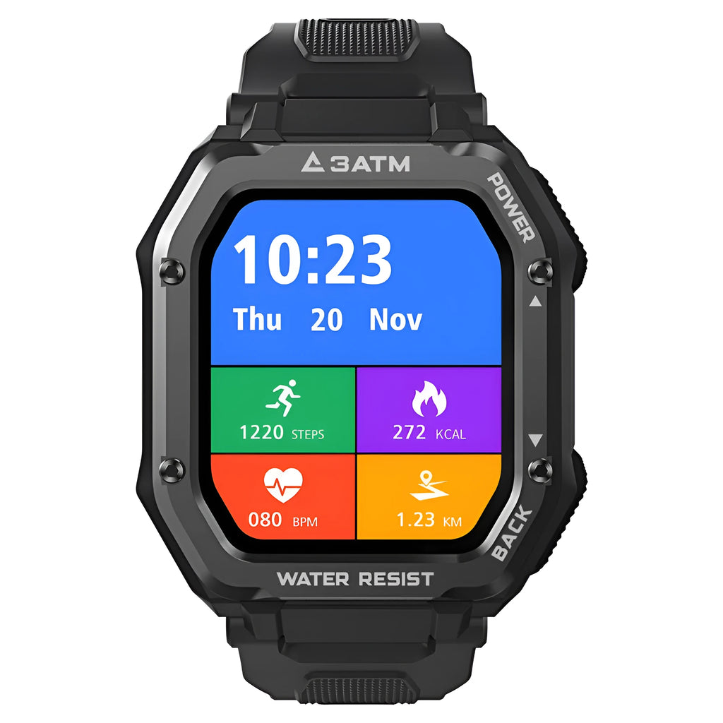 Rugged outdoor smart watch with 1.69-inch screen and silicone wristband showing activity tracking display