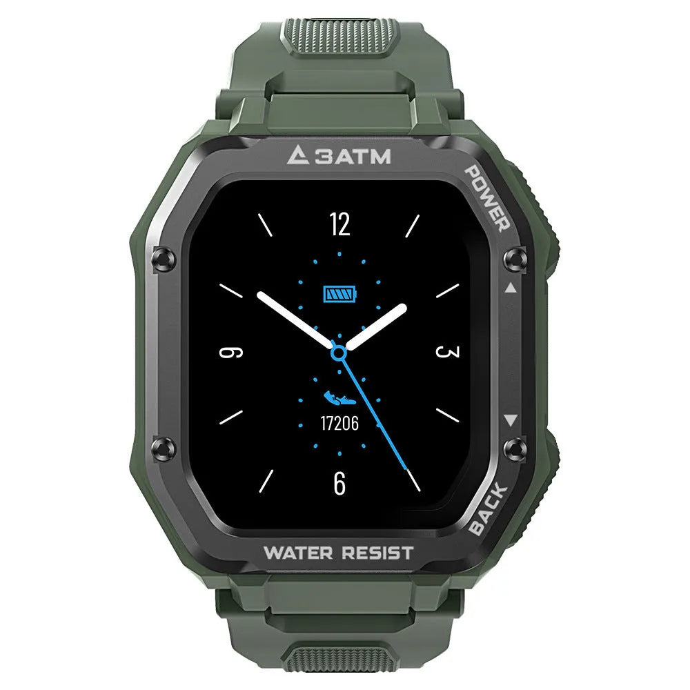 Rugged outdoor smart watch with 1.69-inch screen and silicone wristband showing activity tracking display