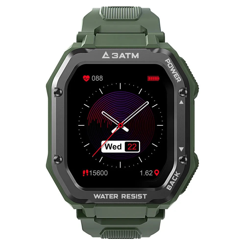 Rugged outdoor smart watch with 1.69-inch screen and silicone wristband showing activity tracking display