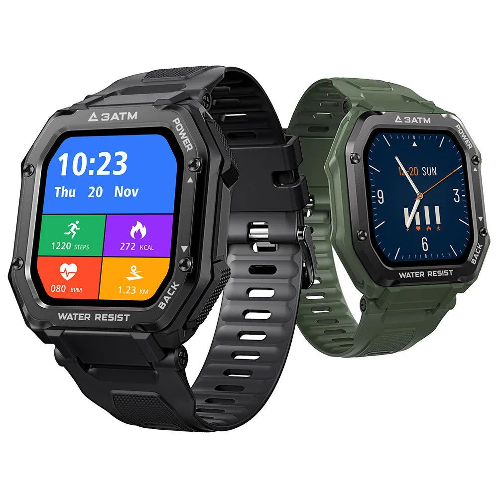 Rugged outdoor smart watch with 1.69-inch screen and silicone wristband showing activity tracking display