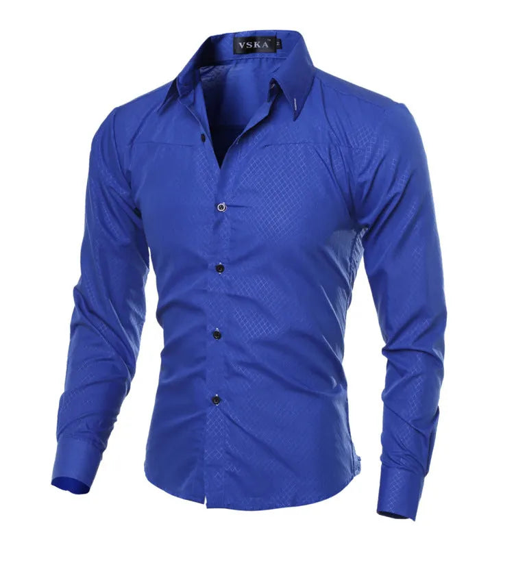 Men's designer plaid stripes fitted long sleeve shirt in blue with classic square collar