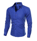 Men's designer plaid stripes fitted long sleeve shirt in blue with classic square collar