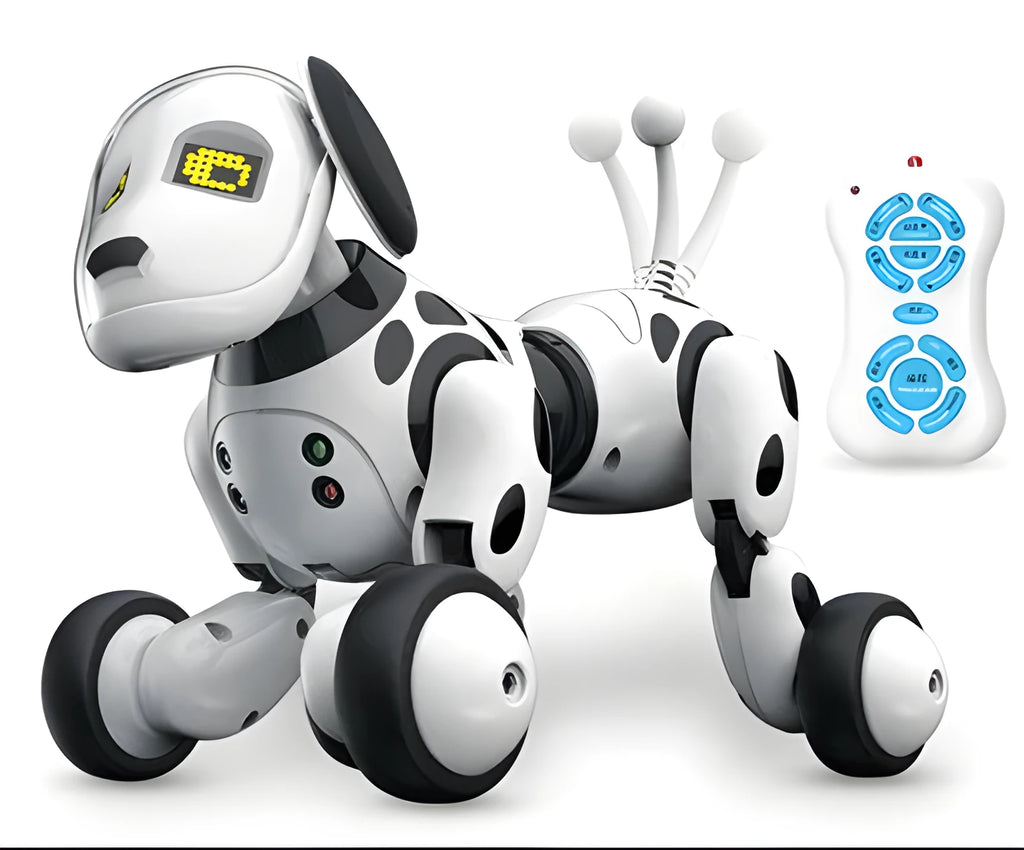 Blue and white smart robot dog electronic toy with remote control on table.