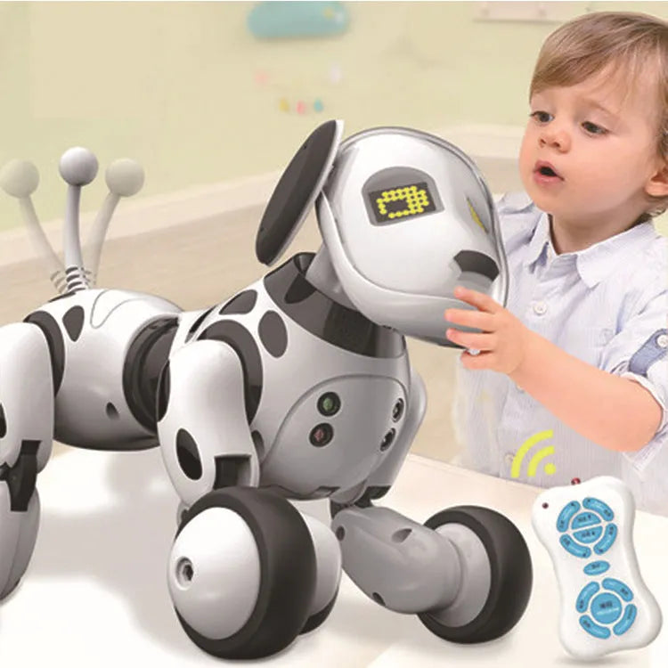 Blue and white smart robot dog electronic toy with remote control on table.