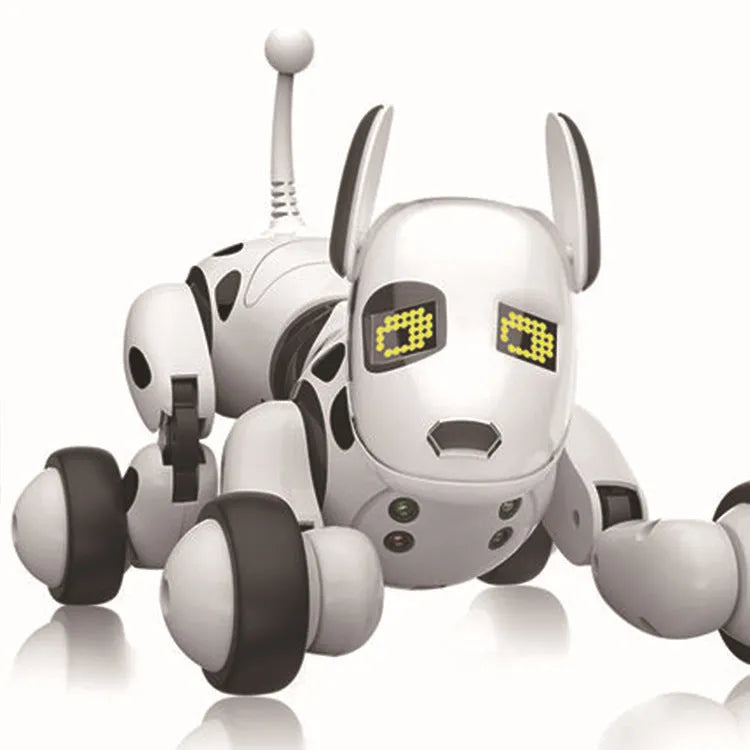 Blue and white smart robot dog electronic toy with remote control on table.