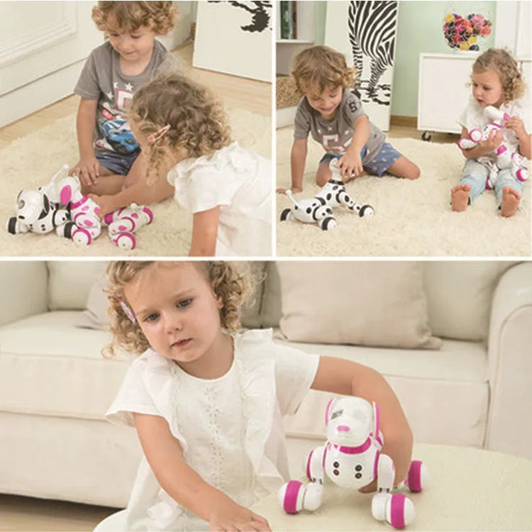 Blue and white smart robot dog electronic toy with remote control on table.