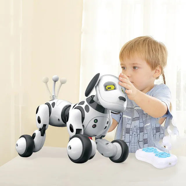 Blue and white smart robot dog electronic toy with remote control on table.