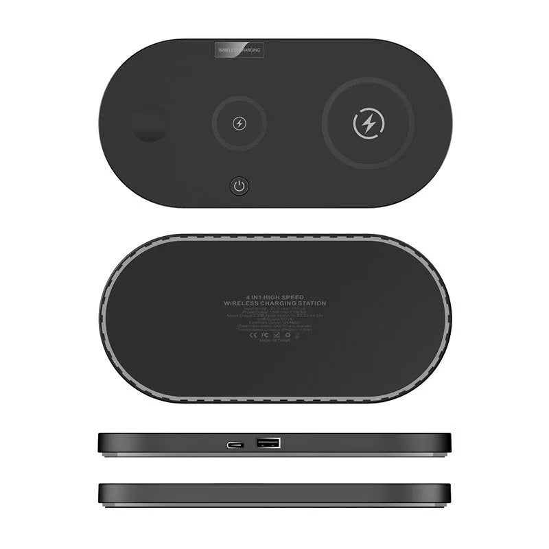 Black circular 15W wireless charging pad with USB port on desk next to phone