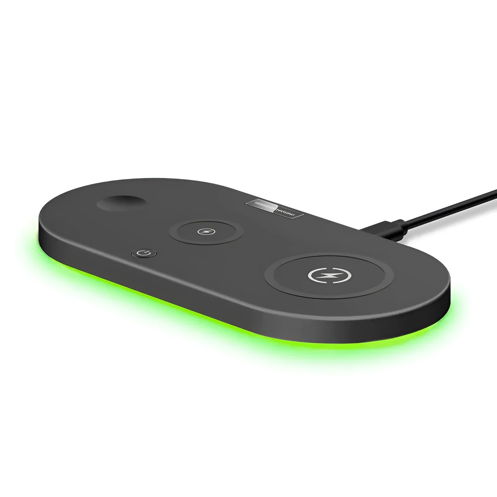 Black circular 15W wireless charging pad with USB port on desk next to phone
