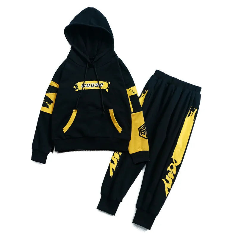 Boys' yellow hooded tracksuit set with letter print, Korean style two-piece sports outfit