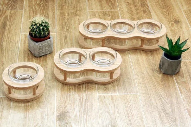 Wooden pet bowl rack with glass bowls in three sizes S M L for cats and dogs