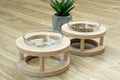 Wooden pet bowl rack with glass bowls in three sizes S M L for cats and dogs