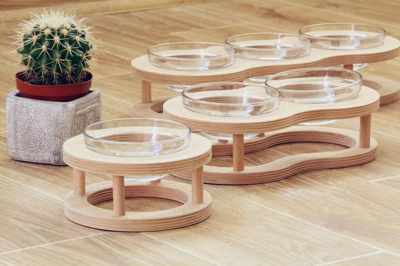 Wooden pet bowl rack with glass bowls in three sizes S M L for cats and dogs