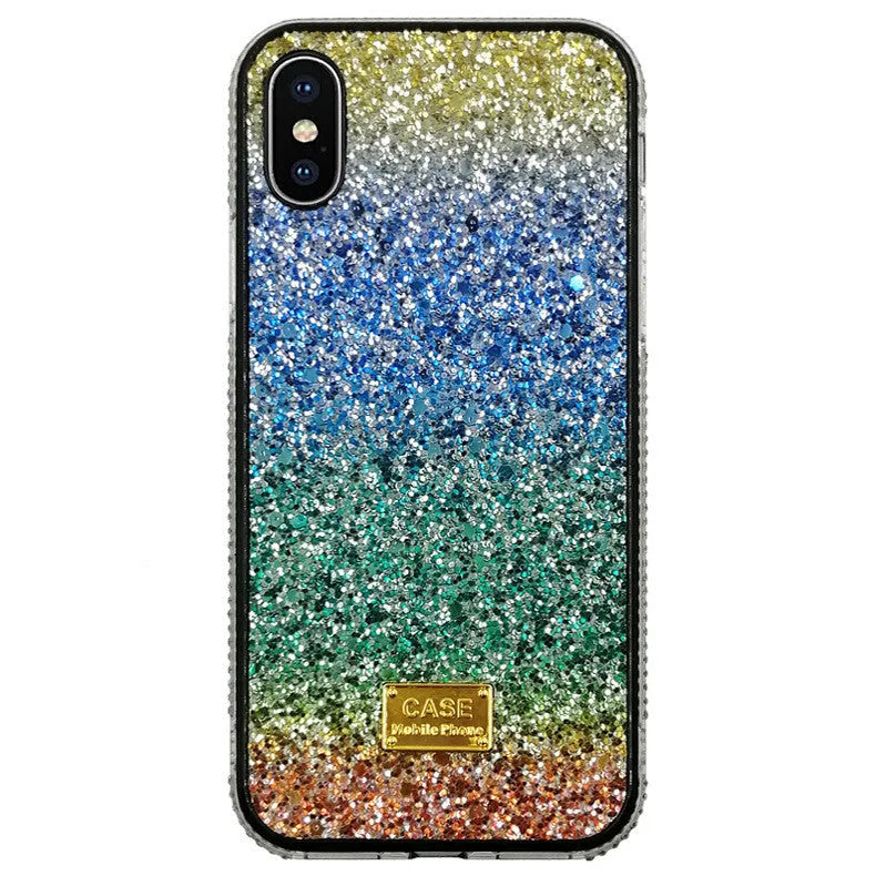 Rainbow stripe diamond iPhone case in TPU and PC, back cover style, available in blue, gold, orange and purple.