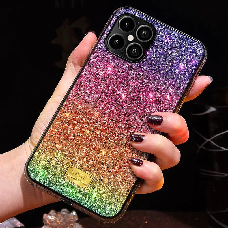 Rainbow stripe diamond iPhone case in TPU and PC, back cover style, available in blue, gold, orange and purple.