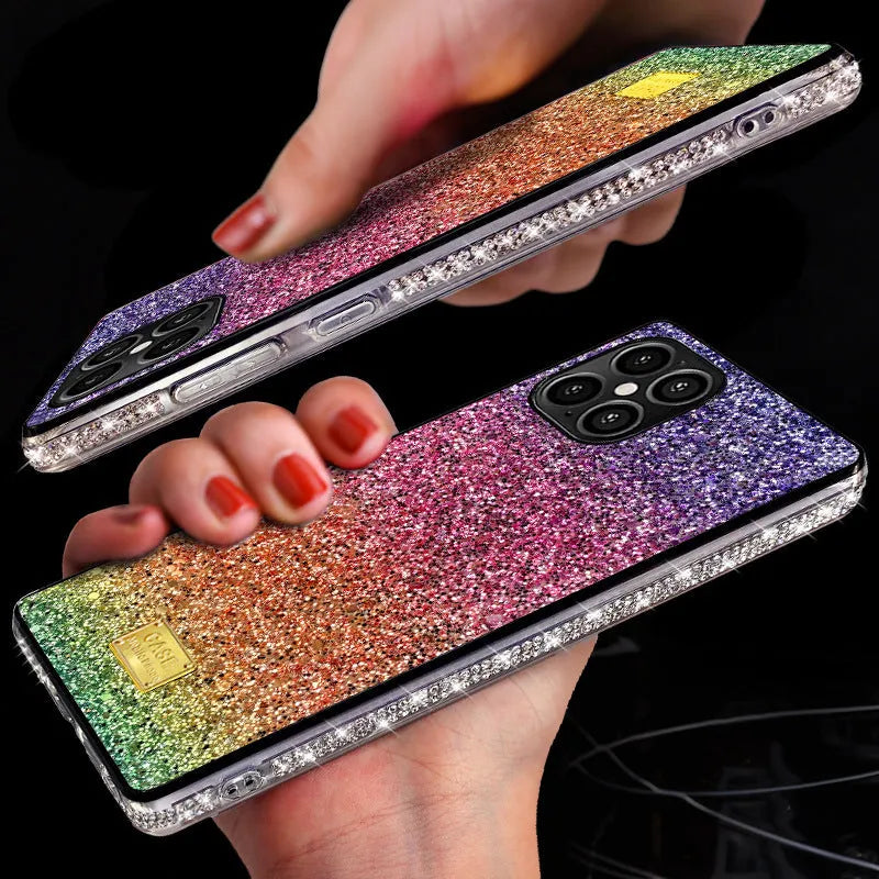 Rainbow stripe diamond iPhone case in TPU and PC, back cover style, available in blue, gold, orange and purple.