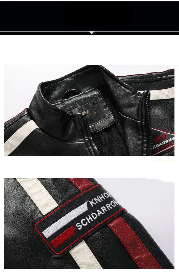 Men's black PU motorcycle racing suit jacket with stand-up collar, zippered front, and vintage badge detail