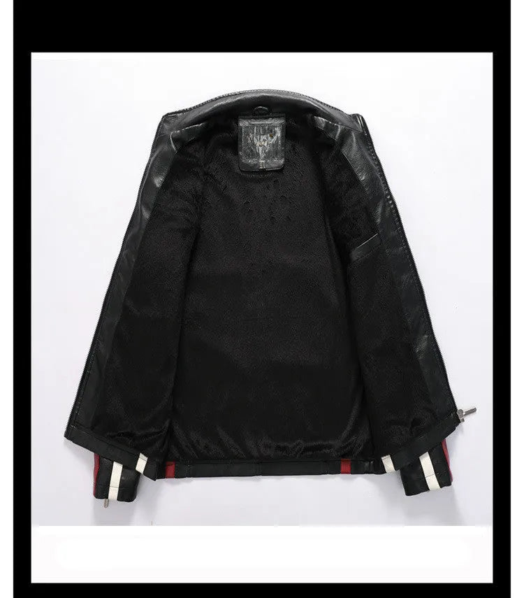 Men's black PU motorcycle racing suit jacket with stand-up collar, zippered front, and vintage badge detail