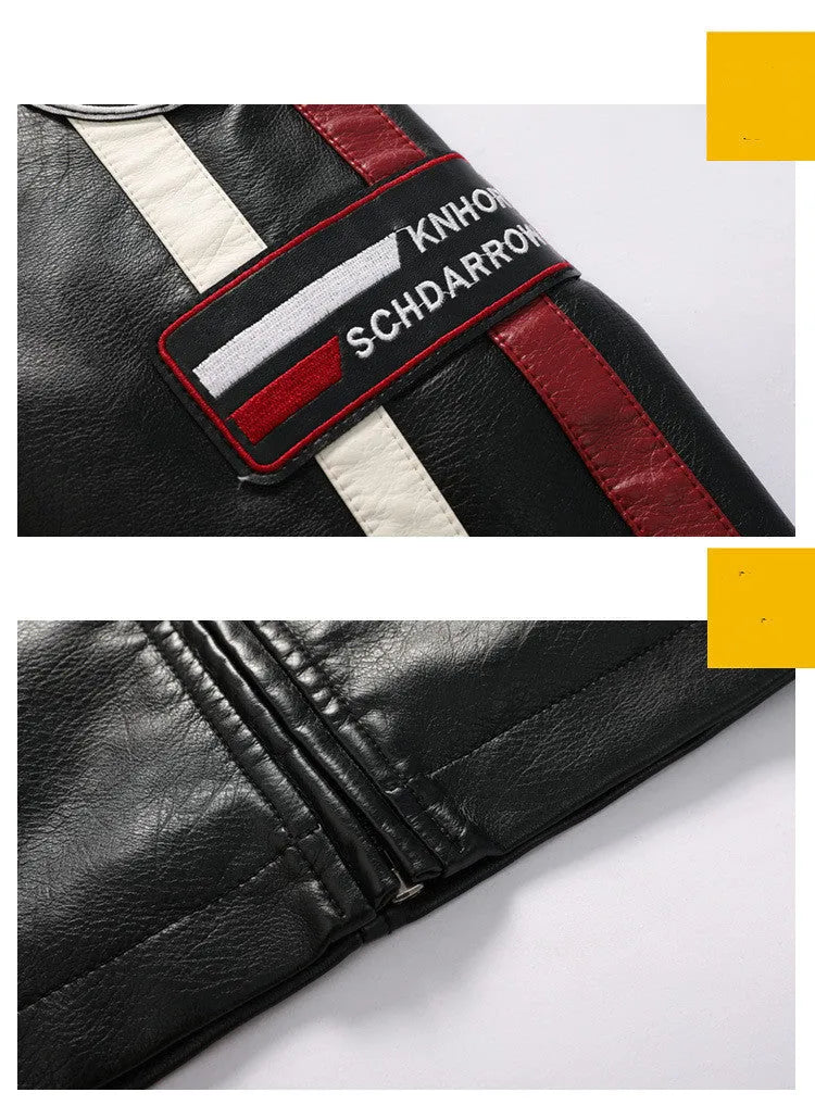 Men's black PU motorcycle racing suit jacket with stand-up collar, zippered front, and vintage badge detail