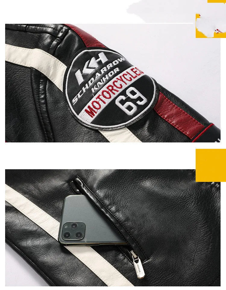 Men's black PU motorcycle racing suit jacket with stand-up collar, zippered front, and vintage badge detail