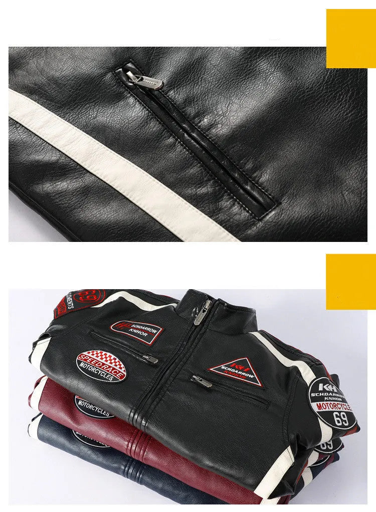 Men's black PU motorcycle racing suit jacket with stand-up collar, zippered front, and vintage badge detail