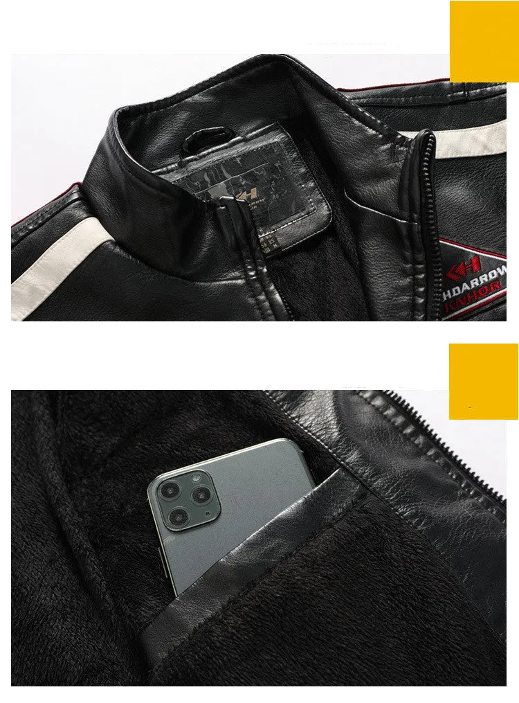 Men's black PU motorcycle racing suit jacket with stand-up collar, zippered front, and vintage badge detail