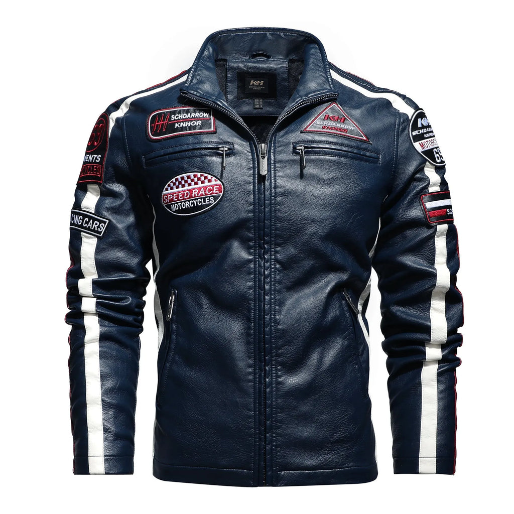 Men's black PU motorcycle racing suit jacket with stand-up collar, zippered front, and vintage badge detail