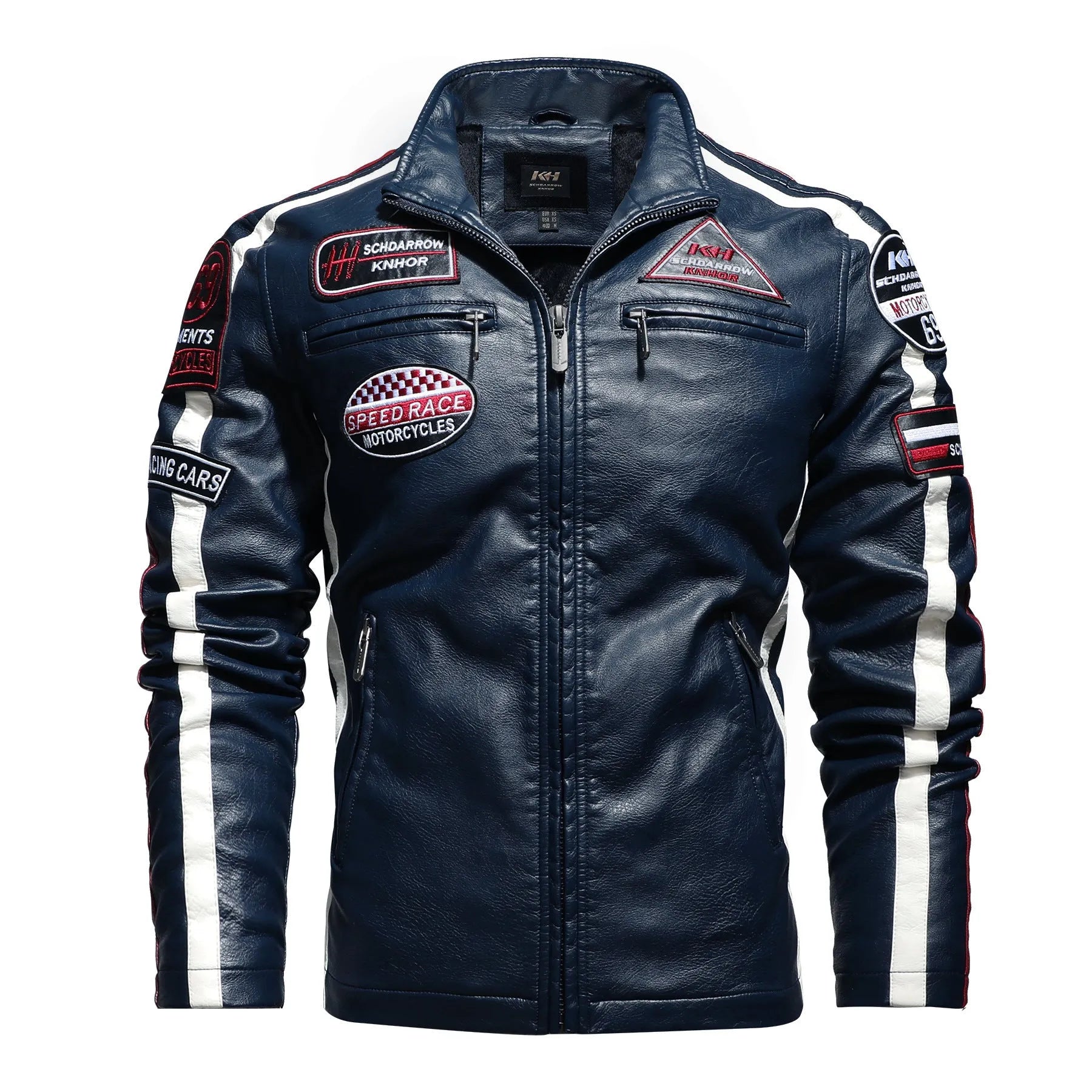 Men's black PU motorcycle racing suit jacket with stand-up collar, zippered front, and vintage badge detail