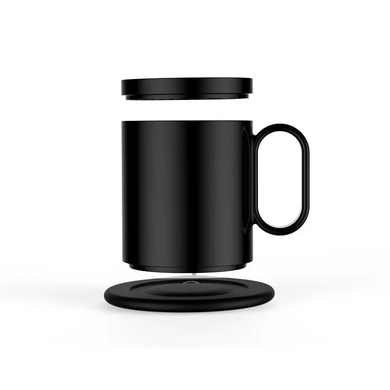 Black wireless charging warm cup showing 110mm diameter coaster with beverage and smartphone charging simultaneously