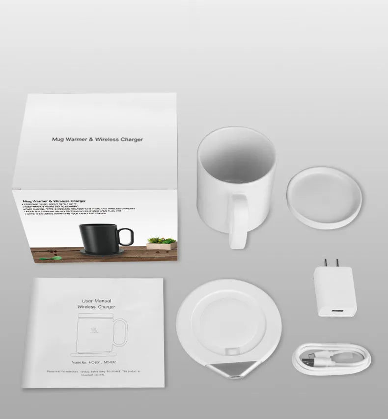 Black wireless charging warm cup showing 110mm diameter coaster with beverage and smartphone charging simultaneously