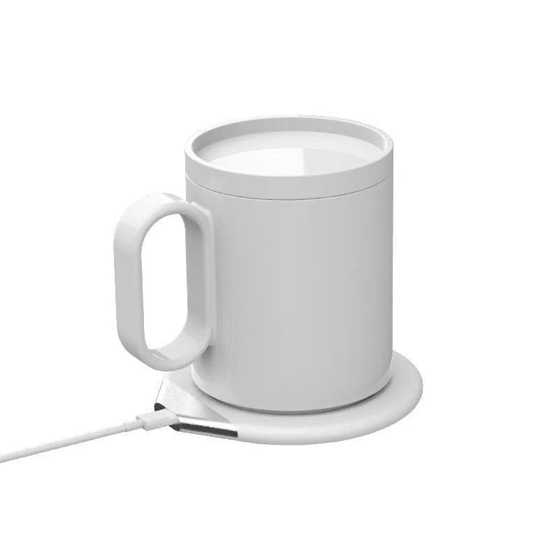 Black wireless charging warm cup showing 110mm diameter coaster with beverage and smartphone charging simultaneously