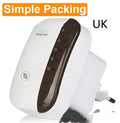 Black and white WiFi repeater with international plug adapters and network cable for signal extension