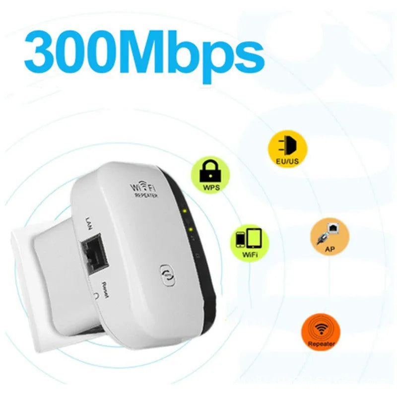 Black and white WiFi repeater with international plug adapters and network cable for signal extension