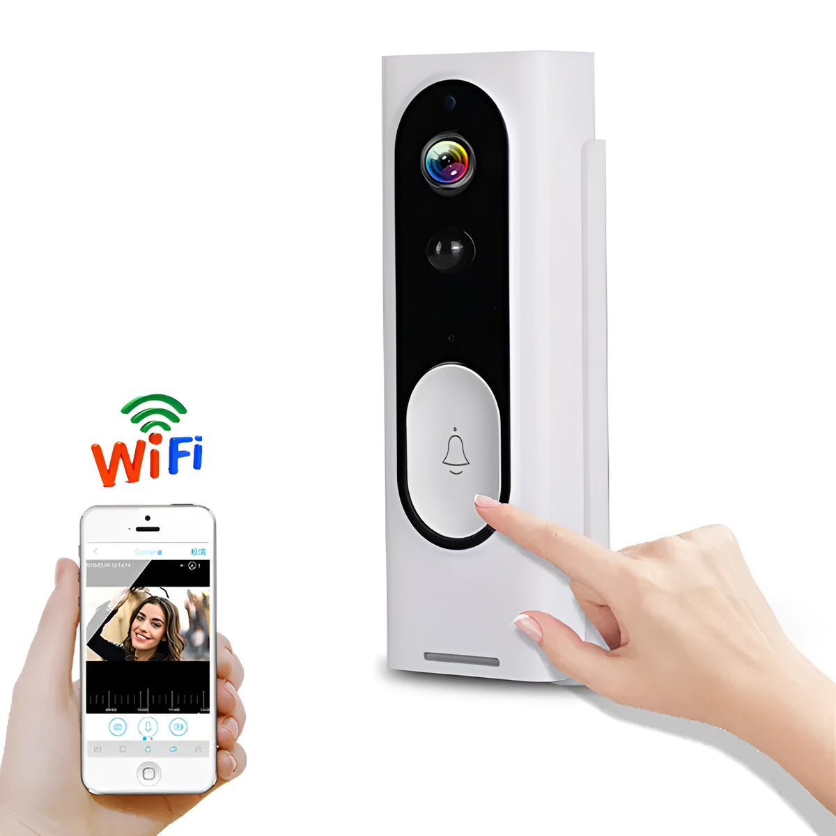 Wireless 1080P video doorbell in black with voice intercom and night vision for outdoor wall mounting